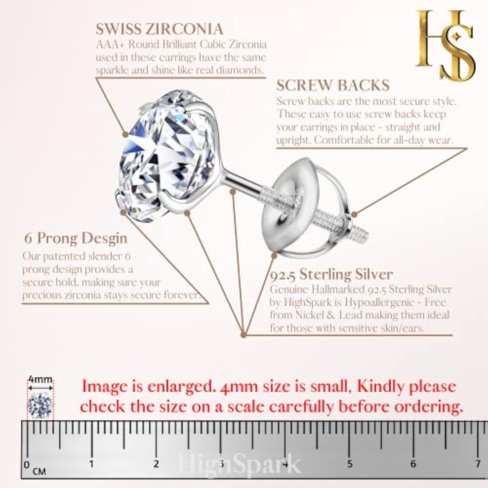 925 Sterling Silver Solitaire Stud Earrings with CZ Tops 4mm